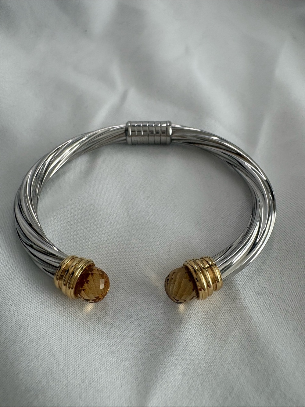 Polished Silver-Tone Cable Cuff Bracelet with Gold Accent and Amber Crystals